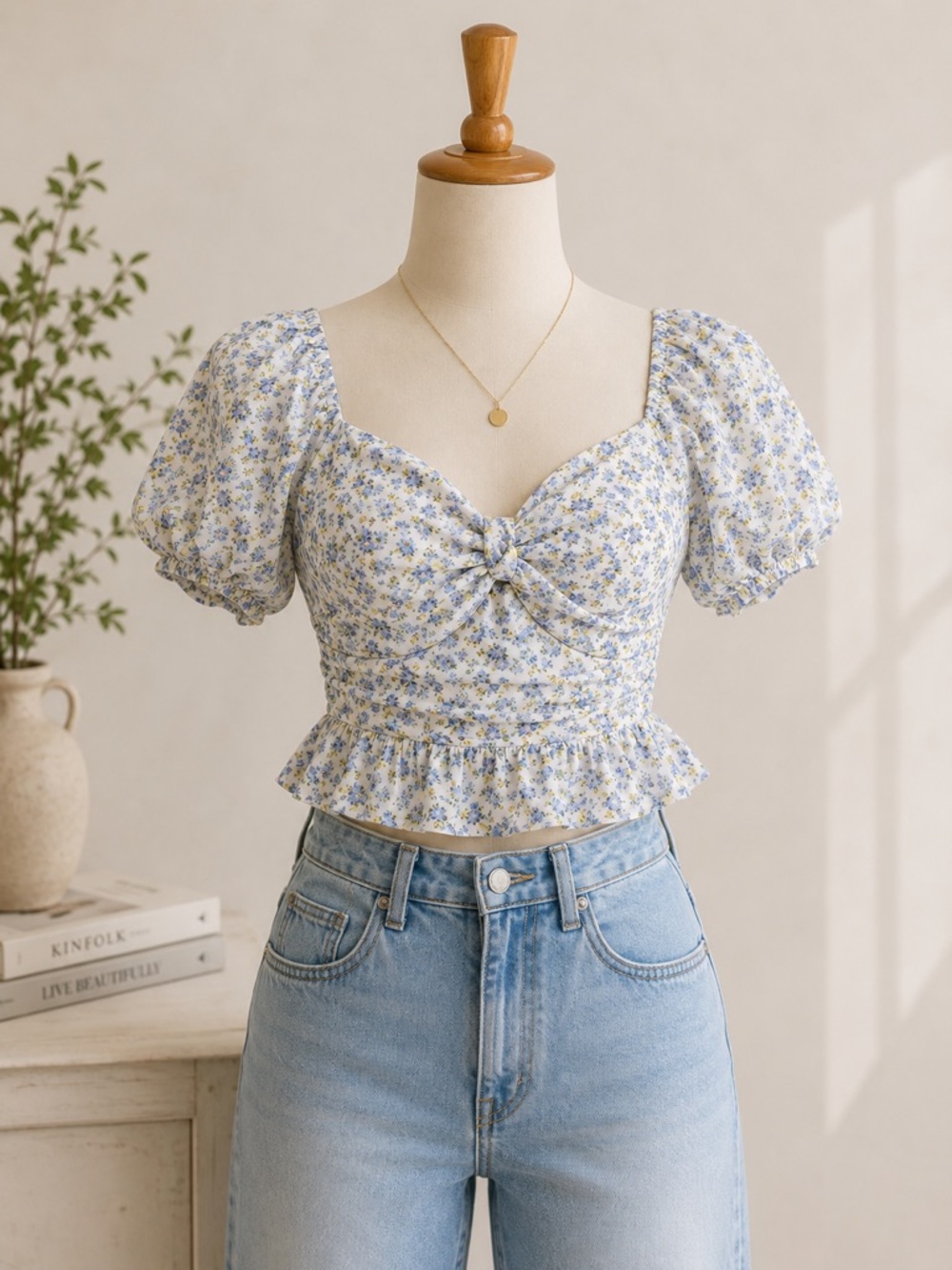 Kingston White Floral Puff-Sleeve Peplum Crop Top Size M